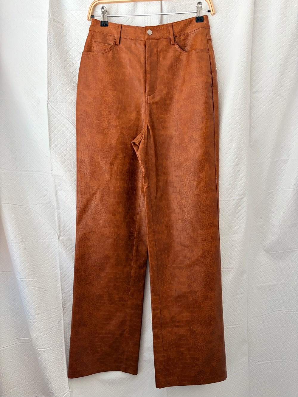 Wayf Croc-Embossed Faux Leather Pants in Cognac